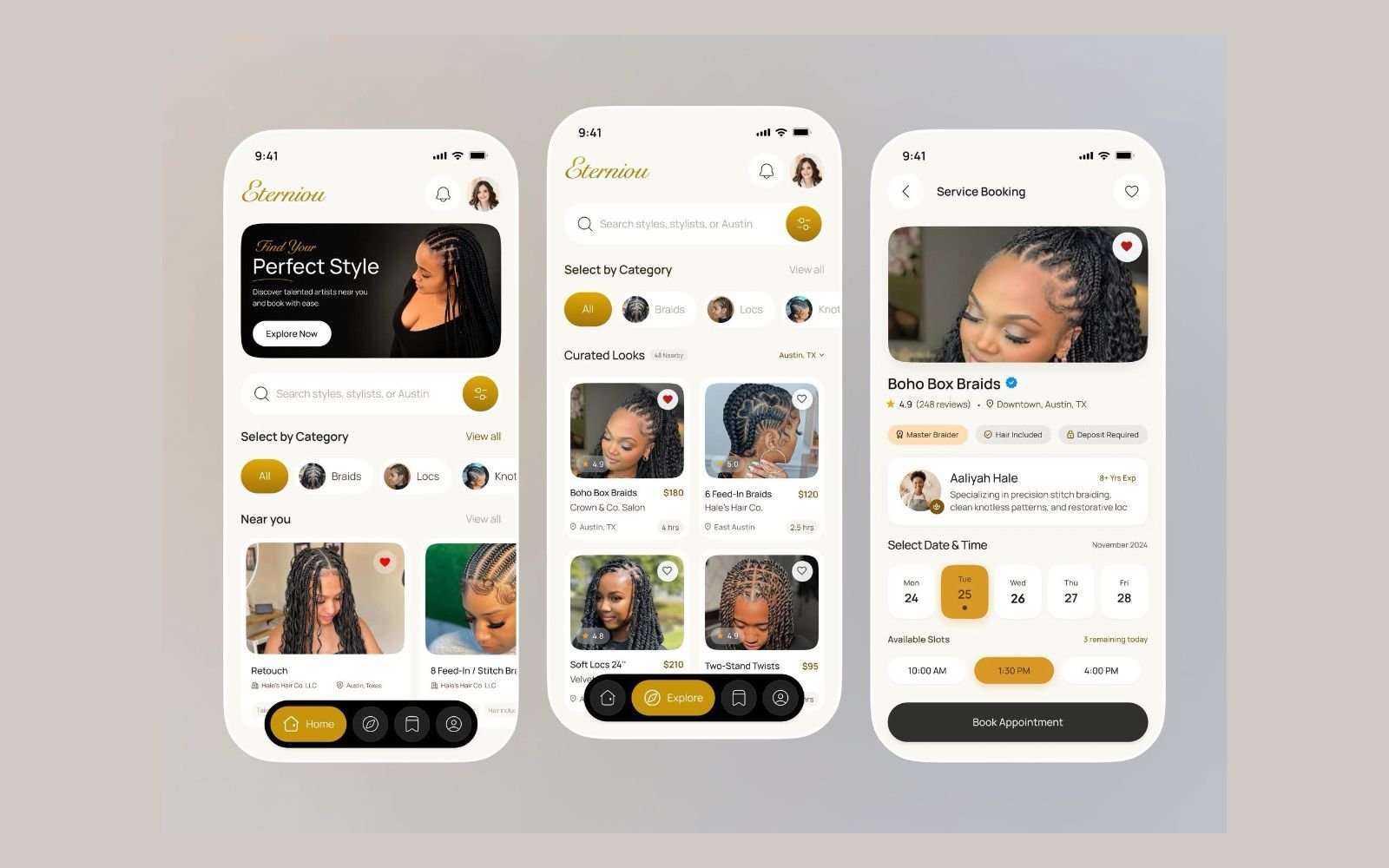 Eterniou — Braiding Booking App design preview